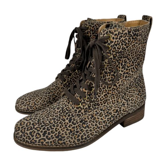 Lucky Brand Leopard Hestawn Lace Up Combat Moto Boots 8 Brown Leather Cheetah - Picture 1 of 8